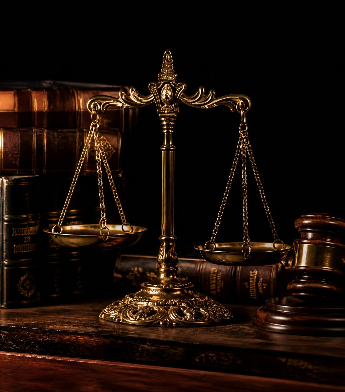 Golden scales of justice with law books