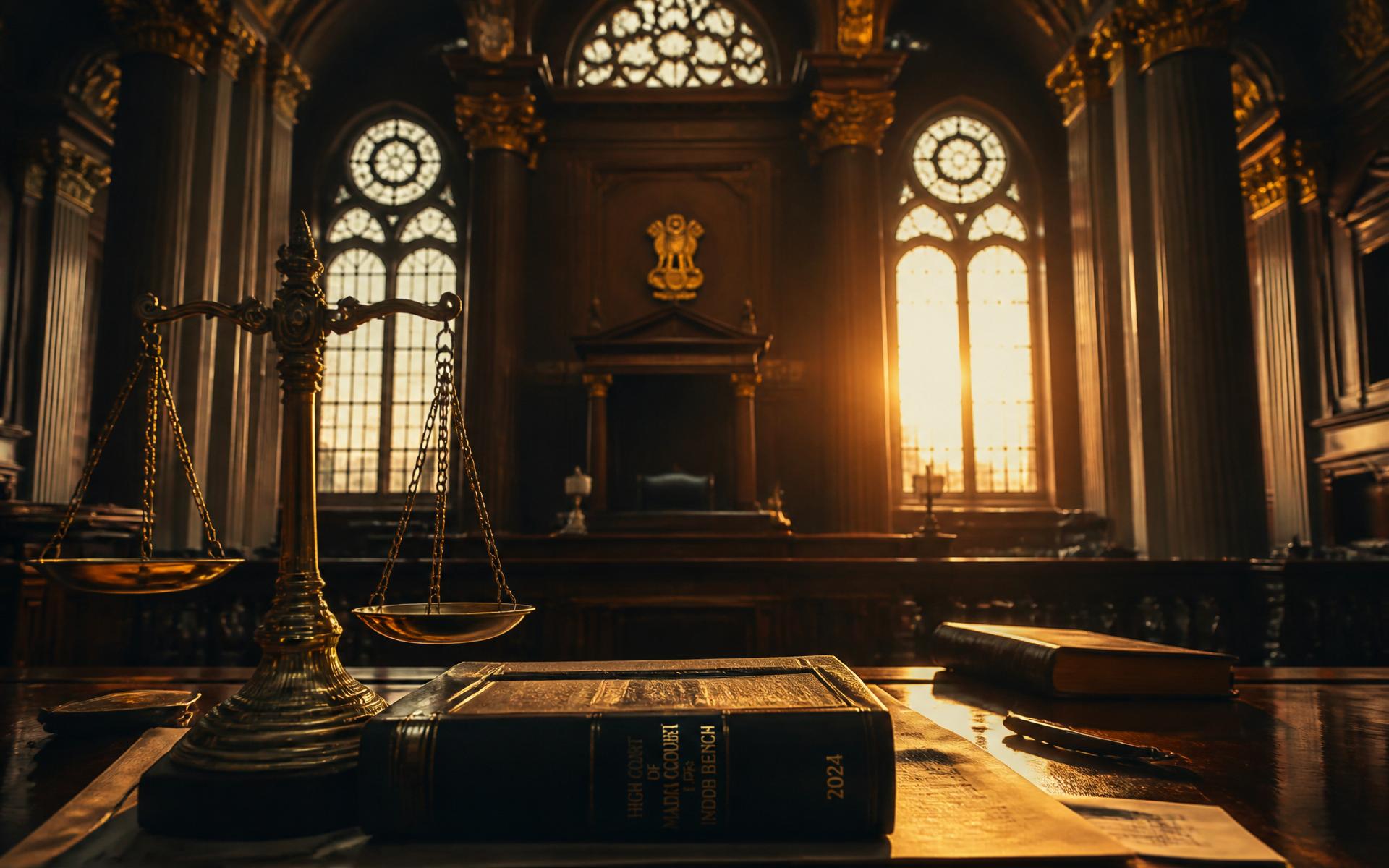 Ornate High Court interior with scales of justice